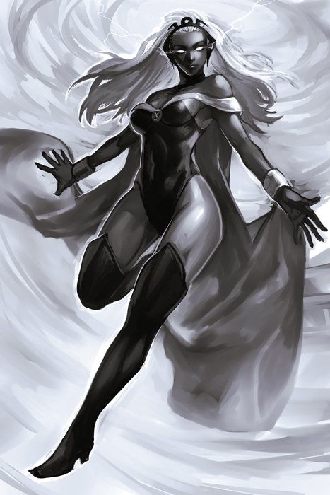 1girl bare_shoulders boots breasts cape closed_mouth dark_skin electricity flying_sweatdrops greyscale hankuri headpiece high_heel_boots high_heels leotard long_hair looking_at_viewer medium_breasts monochrome no_pupils outstretched_arms solo spread_arms storm_(x-men) thigh-highs thigh_boots wristband x-men