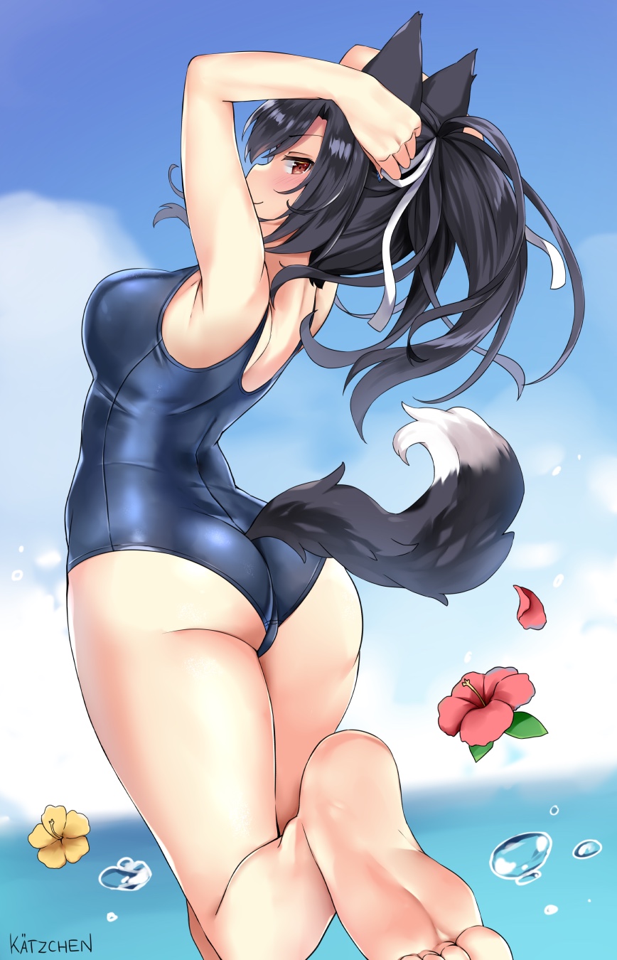 1girl animal_ears arched_back armpits artist_name ass azur_lane bangs bare_arms bare_legs bare_shoulders barefoot black_hair blue_sky blue_swimsuit blurry blurry_background blush breasts brown_eyes closed_mouth clouds day depth_of_field eyebrows_visible_through_hair feet flower from_behind hair_ribbon hibiscus highres horizon kaetzchen long_hair looking_at_viewer medium_breasts ocean one-piece_swimsuit outdoors ponytail red_eyes red_flower ribbon school_swimsuit shigure_(azur_lane) sidelocks sky smile soles solo standing standing_on_one_leg swimsuit tail thighs toes water water_drop wolf_ears wolf_girl wolf_tail yellow_flower