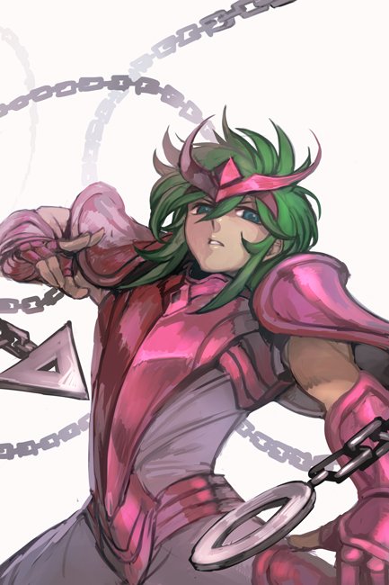 1boy androgynous andromeda_shun blue_eyes breastplate chains fingerless_gloves gauntlets gloves green_hair grey_background hair_between_eyes hand_up hankuri looking_at_viewer male_focus parted_lips pauldrons saint_seiya solo upper_body