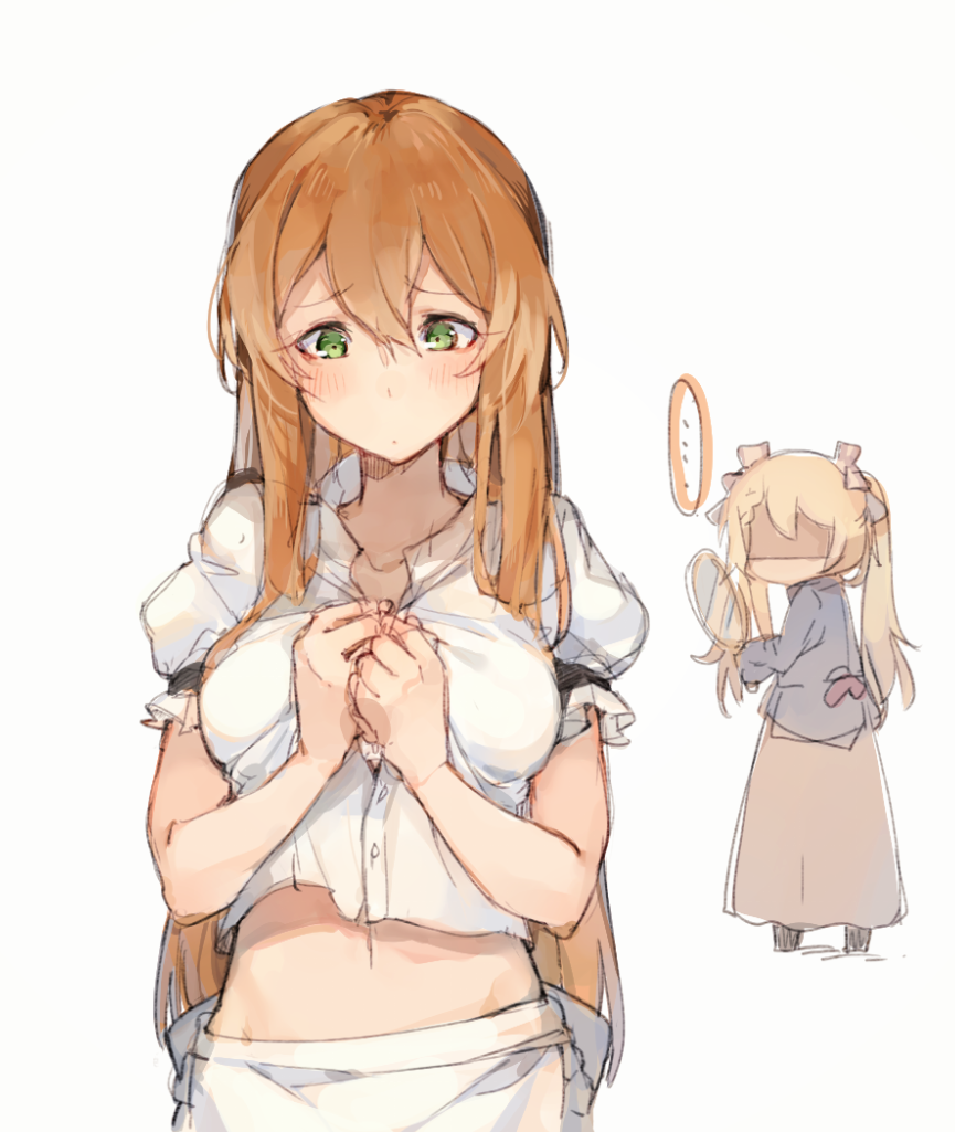 ... 2girls alternate_costume alternate_hairstyle apron bangs blonde_hair blush breasts brown_hair buttoning buttons cleavage closed_mouth collarbone commentary_request enmaided eyebrows_visible_through_hair faceless g36_(girls_frontline) girls_frontline green_eyes hair_between_eyes hair_ribbon holding_mirror jacket large_breasts long_hair long_skirt long_sleeves looking_at_breasts looking_back m1903_springfield_(girls_frontline) maid mirror multiple_girls puffy_short_sleeves puffy_sleeves ribbon shirt short_sleeves shuzi sidelocks simple_background skirt twintails unbuttoned unbuttoned_shirt very_long_hair white_background worried