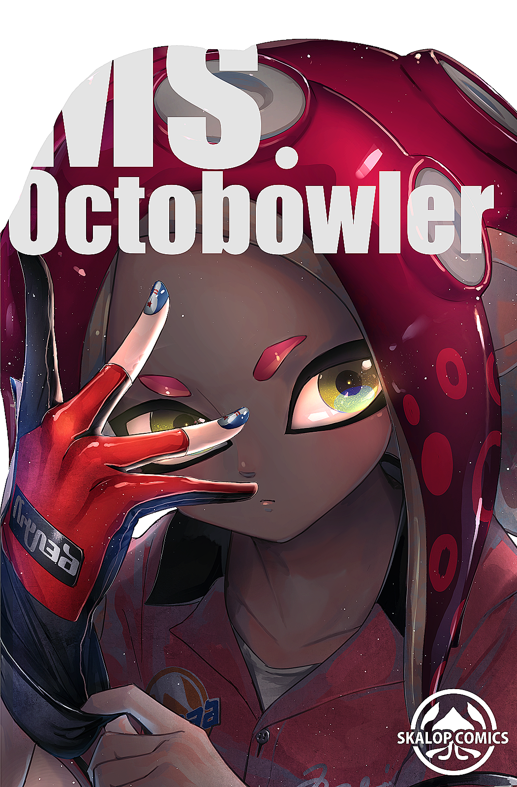 1girl adjusting_clothes adjusting_gloves black_gloves blue_nails closed_mouth collarbone collared_shirt dark_skin dress_shirt english gloves green_eyes hand_up head_tilt highres kashu_(hizake) long_hair looking_at_viewer monster_girl nail_art nail_polish octarian octoling partly_fingerless_gloves pink_shirt pointy_ears red_gloves redhead shade shirt short_eyebrows simple_background single_glove solo splatoon splatoon_2 suction_cups tentacle_hair thick_eyebrows upper_body white_background