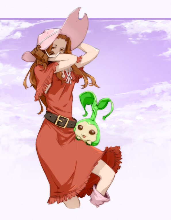 1girl belt boots brown_eyes brown_gloves brown_hair capelet clouds cloudy_sky commentary cropped_legs digimon digimon_adventure dress gloves hands_up hat knee_up looking_at_viewer materclaws pink_footwear pink_hat purple_background purple_sky red_dress sky solo sun_hat tachikawa_mimi tanemon