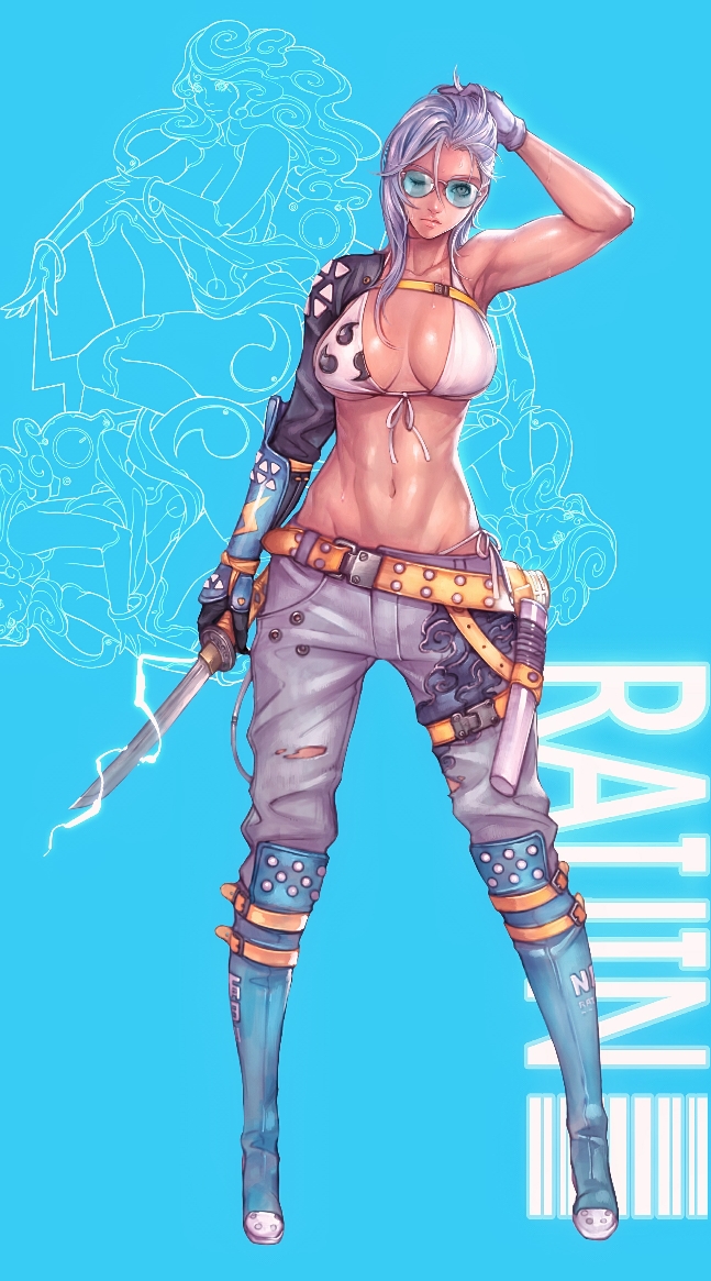 1girl ;| abs arm_up barcode belt bikini blue_background boots bracer breasts cloud_print denim electricity glasses gloves holding holding_weapon katana knee_boots knee_pads knife leg_belt looking_at_viewer medium_breasts midriff navel original pants sheath silver_hair swimsuit sword torn_clothes torn_pants weapon wei_(kaminari0411)