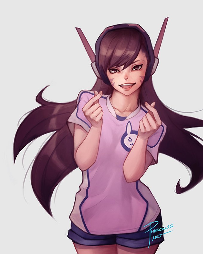 1girl bangs brown_eyes brown_hair commentary d.va_(overwatch) e-sports ernest_nigel_tuvera headphones jersey lips long_hair looking_at_viewer money_gesture overwatch parted_lips short_shorts shorts smile solo swept_bangs whisker_markings