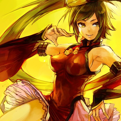 1girl armpits bangs bare_shoulders breasts brown_hair commentary_request detached_sleeves dress guilty_gear hair_ring hankuri impossible_clothes kuradoberi_jam large_breasts long_hair long_sleeves parted_lips red_dress simple_background smile solo standing standing_on_one_leg twintails very_long_hair wide_sleeves yellow_background