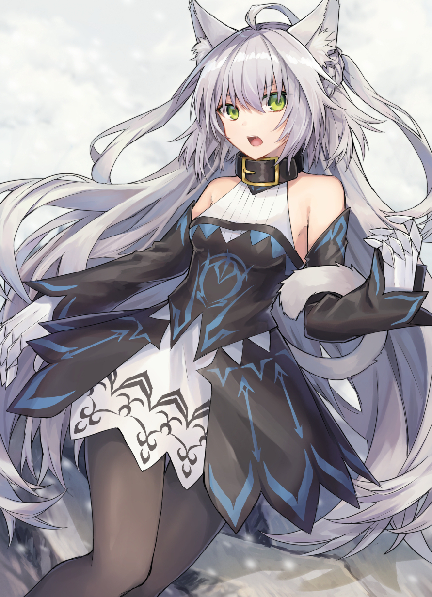 .com_(cu_105) 1girl ahoge animal_ears atalanta_(alter)_(fate) atalanta_(fate) bangs bare_shoulders bell bell_collar black black_legwear blush breasts cat_ears cat_tail collar commentary_request detached_sleeves dress eyebrows_visible_through_hair fang fate/grand_order fate_(series) gauntlets green_eyes green_hair hair_between_eyes highres long_hair looking_at_viewer open_mouth pantyhose solo standing tail thigh_gap two_side_up very_long_hair