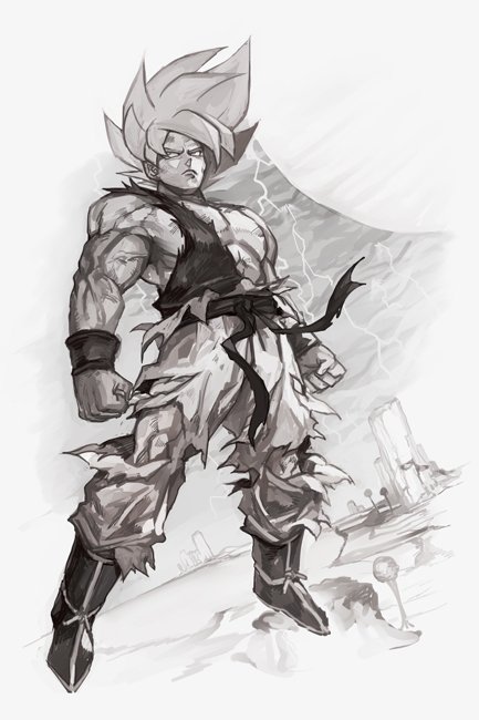 1boy belt boots clenched_hands closed_mouth dragon_ball dragonball_z flying greyscale hankuri male_focus monochrome muscle namek solo son_gokuu super_saiyan thunder torn_clothes