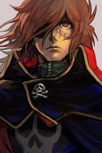 1boy brown_eyes brown_hair cape closed_mouth grey_background hankuri harlock high_collar male_focus scar simple_background skull solo uchuu_kaizoku_captain_harlock upper_body