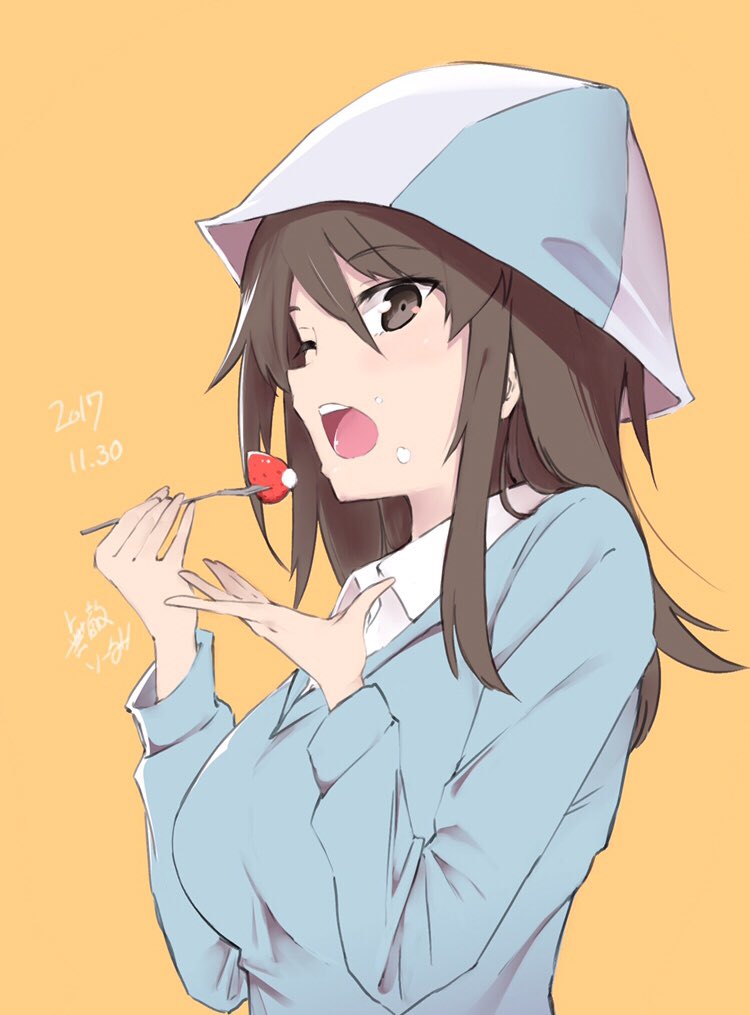 1girl artist_name bangs blue_hat blue_shirt brown_eyes brown_hair commentary dated dress_shirt eating eyebrows_visible_through_hair food food_on_face fork fruit girls_und_panzer hat holding holding_fork keizoku_school_uniform long_hair long_sleeves looking_at_viewer mika_(girls_und_panzer) muteki_soda school_uniform shirt signature simple_background solo strawberry upper_body white_shirt wing_collar yellow_background