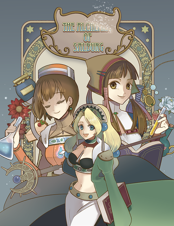 3girls :d atelier_(series) atelier_elie atelier_lilie atelier_marie black_bra blonde_hair blue_eyes bonnet book bra breasts brown_eyes brown_hair closed_eyes closed_mouth elfir_traum flask hair_tubes hat holding holding_book holding_staff jar jewelry kuromame_(honey_728) lilie_(atelier) long_hair looking_at_viewer marie_(atelier) medium_breasts midriff multiple_girls navel necklace open_mouth orange_hat short_hair smile staff underwear