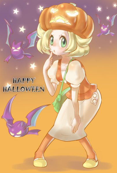 1girl bel_(pokemon) bent_over big_hat blonde_hair breasts commentary_request crobat dress green_eyes halloween hat hououji_arashi open_mouth pokemon pokemon_(game) pokemon_bw short_hair