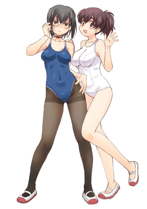 2girls adjusting_eyewear bangs black_choker black_eyes black_hair black_legwear blue_swimsuit bow_choker breasts brown_eyes brown_hair choker closed_mouth commentary_request frown full_body girls_und_panzer hand_in_hair hand_on_another's_shoulder hand_on_hip kawashima_momo koyama_yuzu looking_at_viewer medium_breasts monocle multiple_girls one-piece_swimsuit open_mouth pantyhose school_swimsuit semi-rimless_eyewear shoes short_hair short_ponytail simple_background smile standing standing_on_one_leg swimsuit thighband_pantyhose under-rim_eyewear uona_telepin uwabaki waving white_background white_footwear white_school_swimsuit white_swimsuit