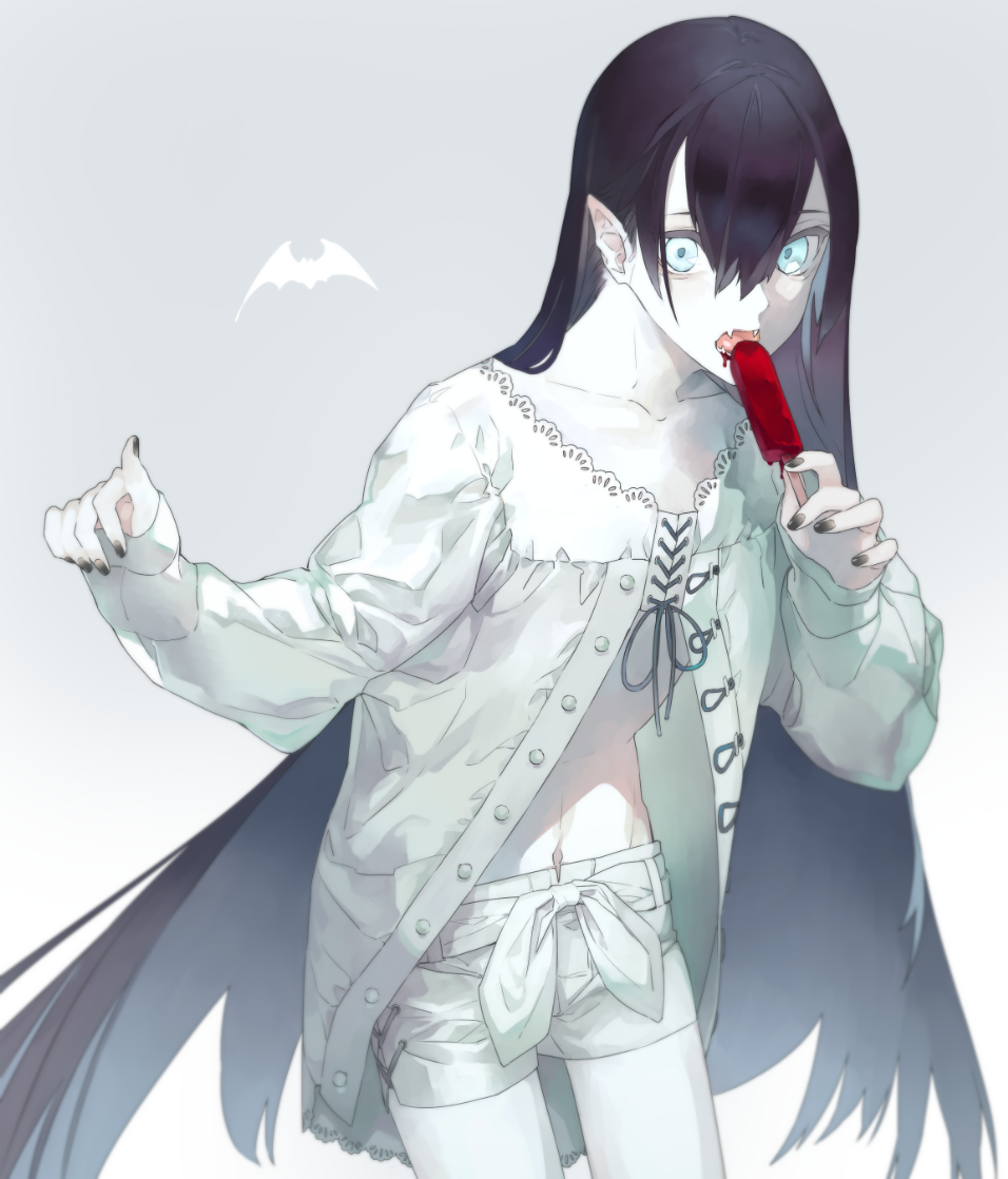 1girl blood blue_eyes clothes fangs food original pajamas pale_skin popsicle shorts tobacco_(tabakokobata) vampire