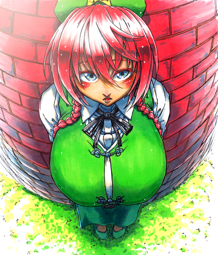 1girl beret black_ribbon blue_eyes blush braid breasts chinese_clothes commentary commentary_request hair_between_eyes hat hong_meiling koyubi_(littlefinger1988) large_breasts looking_at_viewer open_mouth redhead ribbon shirt solo tangzhuang touhou twin_braids wall white_shirt