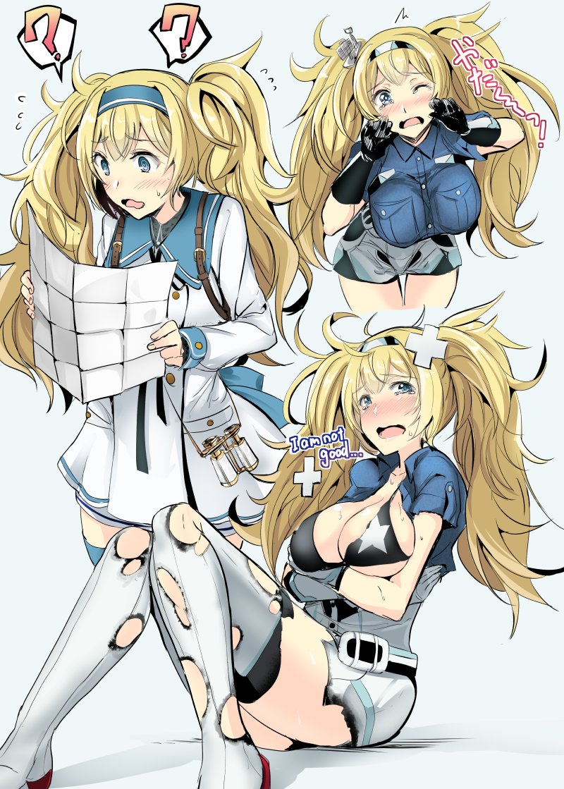 1girl ? ?? bandage blonde_hair blue_eyes blue_shirt bra breast_pocket breasts burnt_clothes collared_shirt gambier_bay_(kantai_collection) gin'ichi_(akacia) gloves hair_between_eyes kantai_collection large_breasts long_hair long_sleeves map one_eye_closed open_mouth pocket shirt sidelocks tears thigh-highs torn_clothes twintails underwear white_legwear white_shirt