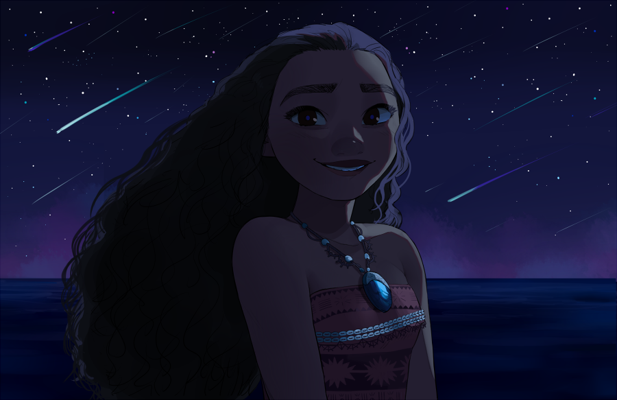1girl arms_at_sides bare_arms bare_shoulders black_hair breasts brown_eyes collarbone curly_hair dark-skinned_female dark_skin eyelashes floating_hair happy horizon jewelry lips long_hair looking_at_viewer medium_breasts moana_(movie) moana_waialiki necklace night night_sky ocean outdoors pano_(mohayayamai) shooting_star sidelighting sky smile solo sparkle_print star_(sky) starry_sky strapless striped teeth thick_eyebrows triangle_print tsurime upper_body