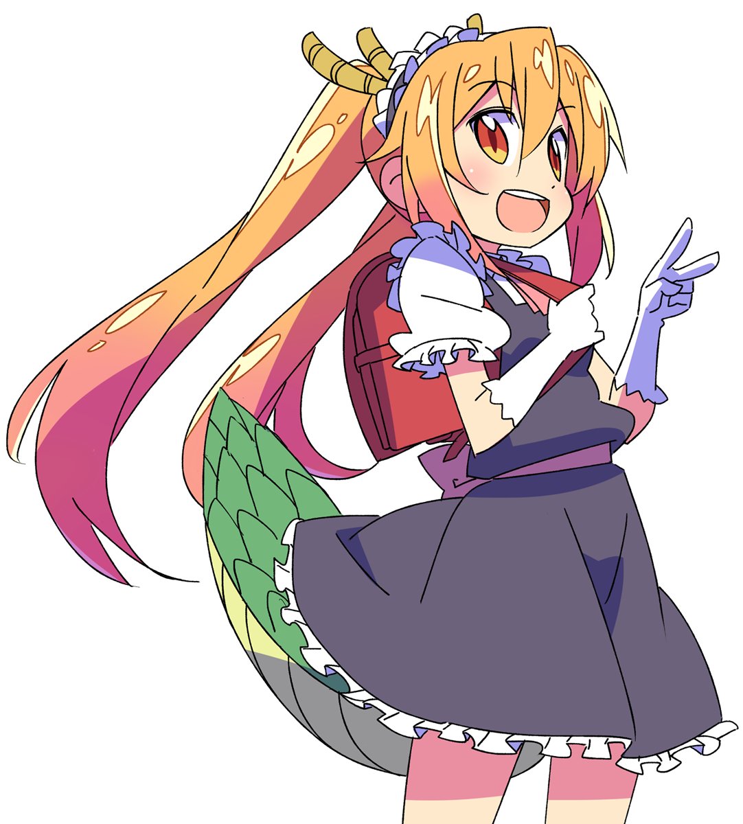 1girl backpack bag dragon_horns dragon_tail highres horns kobayashi-san_chi_no_maidragon open_mouth orange_eyes roku_no_hito tail tooru_(maidragon) twintails