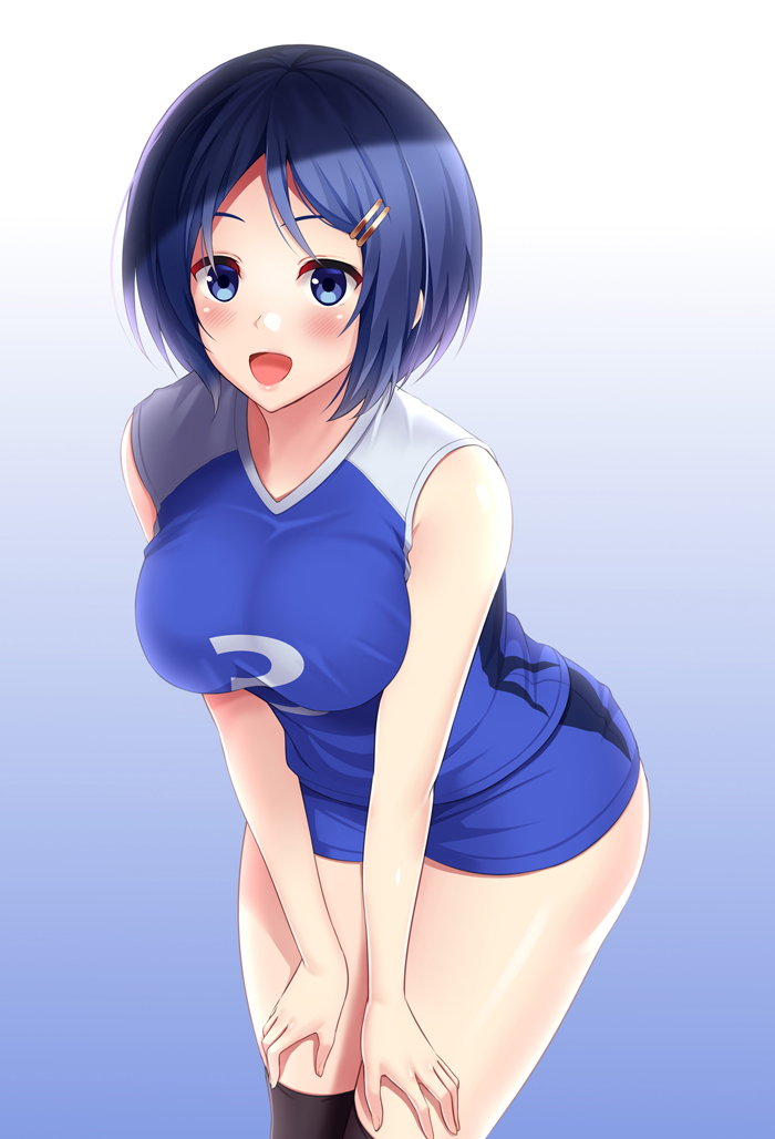 1girl :d bare_shoulders black_legwear blue_background blue_eyes blue_hair blue_shorts blush breasts clothes_writing gradient gradient_background hair_ornament hairclip hands_on_own_thighs huyumitsu large_breasts leaning_forward looking_at_viewer open_mouth original shiny shiny_skin short_hair short_shorts shorts sleeveless smile solo sportswear tareme thigh-highs thighs volleyball_uniform