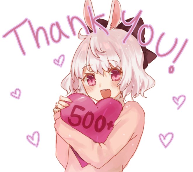 1girl :d animal_ears blush commentary english_commentary eyebrows_visible_through_hair followers heart holding long_sleeves looking_at_viewer mochii open_mouth original persona pillow pillow_hug pink_eyes rabbit_ears round_teeth silver_hair smile solo teeth thank_you upper_body
