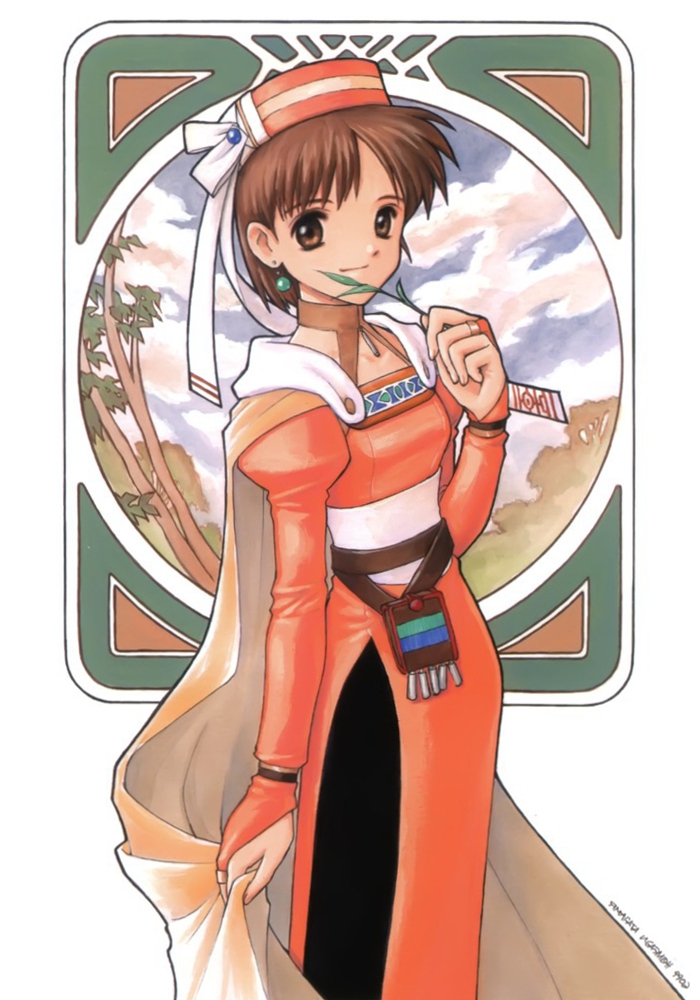 1girl 90s atelier_(series) atelier_elie black_legwear bow bridal_gauntlets brown_eyes brown_hair closed_mouth cowboy_shot dress elfir_traum hat hat_bow holding looking_at_viewer official_art orange_dress orange_hat pantyhose short_hair signature smile solo white_bow yamagata_isaemon yellow_cape