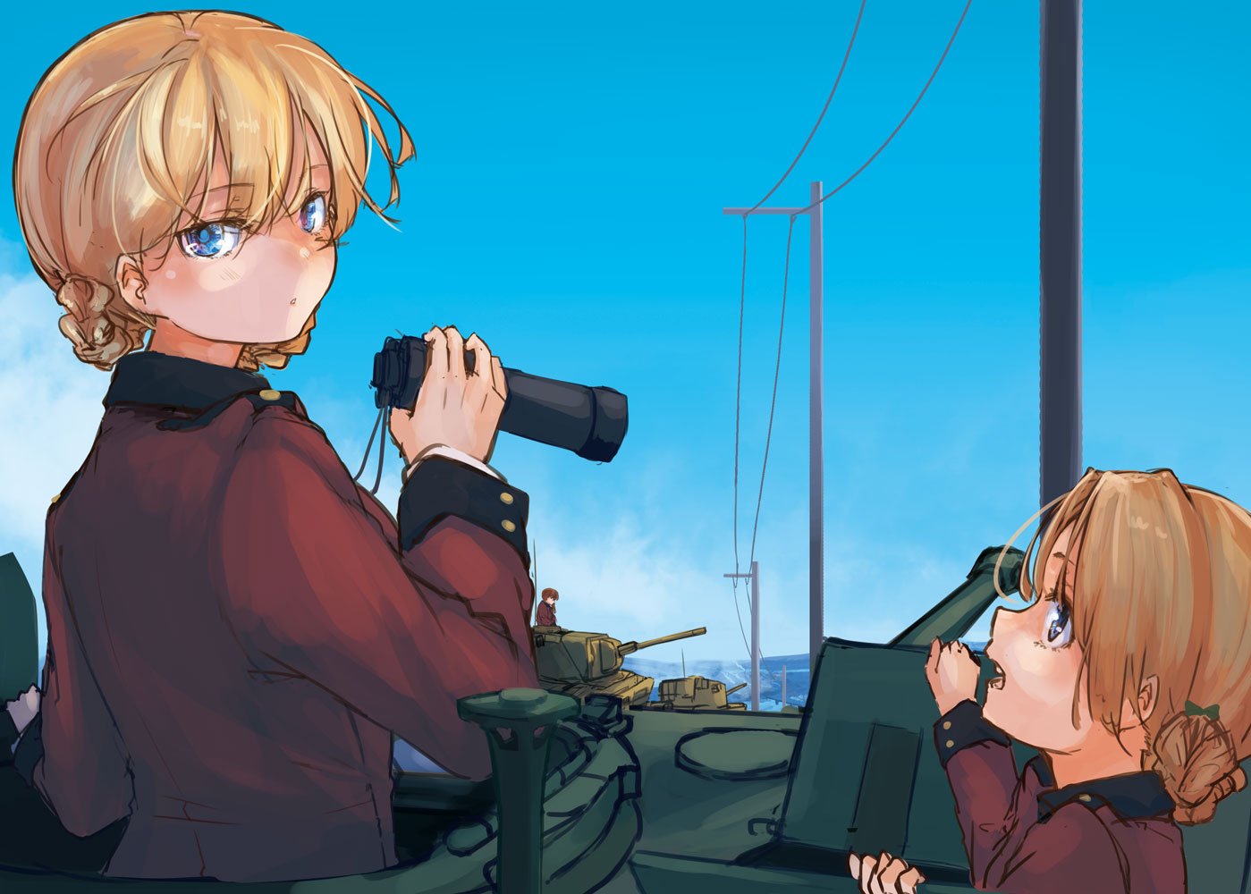 2girls bangs binoculars black_bow blonde_hair blue_eyes bow braid commentary_request darjeeling day epaulettes eyebrows_visible_through_hair from_behind girls_und_panzer hair_bow holding jacket long_sleeves looking_at_viewer looking_back military military_uniform multiple_girls orange_hair orange_pekoe outdoors parted_lips red_jacket shiragiku1991 short_hair sky st._gloriana's_military_uniform standing tank_cupola telephone_pole tied_hair twin_braids uniform vehicle_request