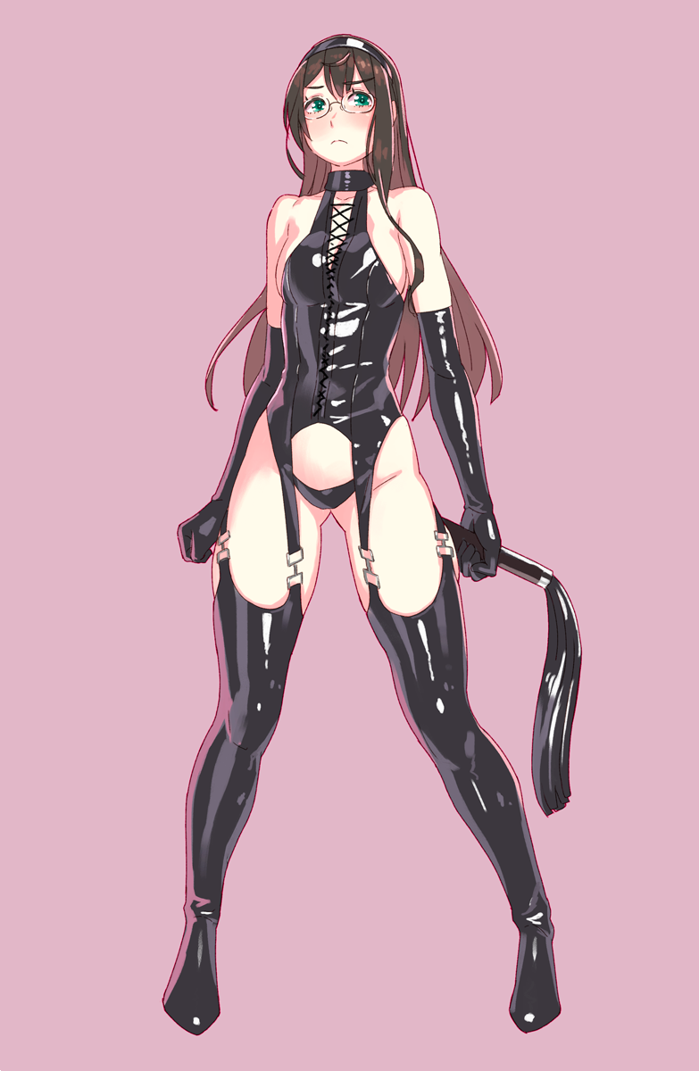 1girl black_gloves black_hair black_legwear black_leotard boots commentary_request dominatrix elbow_gloves full_body garter_straps gloves gluteal_fold green_eyes hairband highres kantai_collection latex latex_gloves leotard long_hair looking_at_viewer mistress ooyodo_(kantai_collection) pink_background riding_crop solo standing thigh-highs thigh_boots whip yuuji_(and)