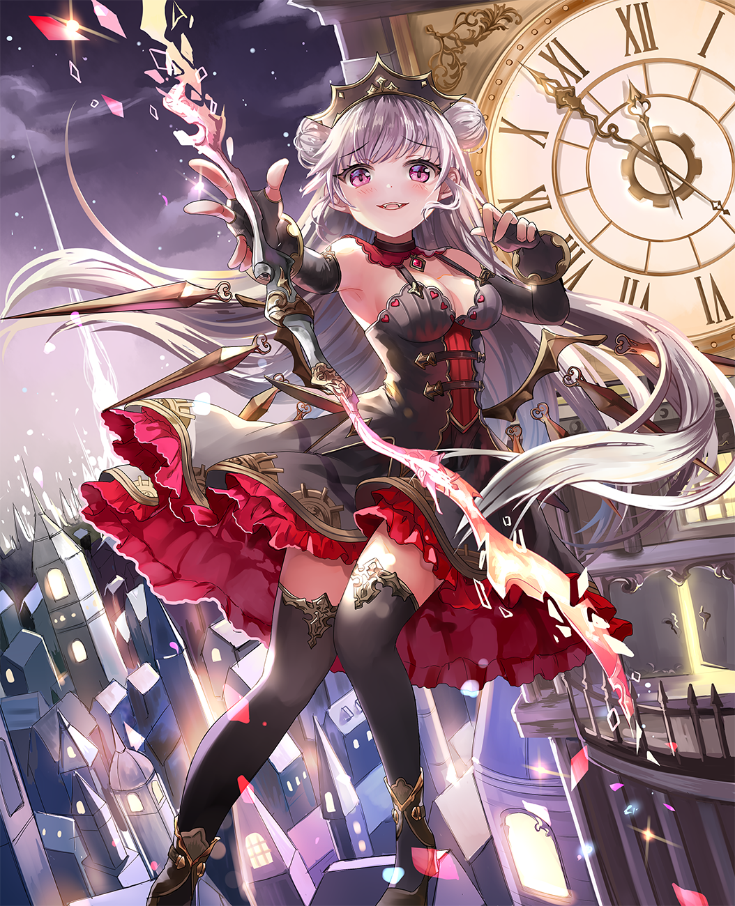 1girl bangs black_choker black_gloves black_legwear blush bow_(weapon) breasts choker city clock clock_tower copyright_request double_bun dress elbow_gloves fangs fingerless_gloves flying gloves highres issign jewelry long_hair looking_at_viewer official_art over-kneehighs pendant petticoat silver_hair solo thigh-highs tiara tower violet_eyes weapon wings