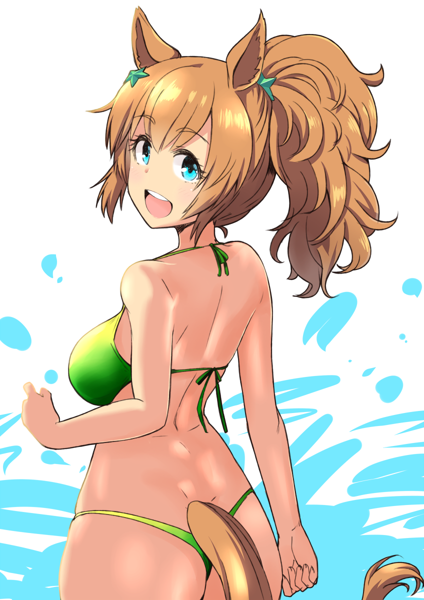 1girl :d arm_at_side ass back bangs bare_arms bare_back bare_shoulders bikini blue_eyes blush breasts cowboy_shot dimples_of_venus eyebrows_visible_through_hair fox_girl fox_tail from_behind green_bikini green_ribbon highres long_hair looking_at_viewer looking_back medium_breasts nekota_susumu open_mouth ponytail ribbon round_teeth shiny shiny_hair smile solo standing starfish_hair_ornament swimsuit taiki_shuttle tail tareme teeth thong two-tone_background umamusume