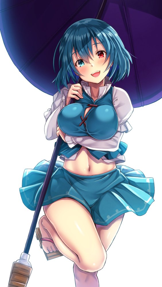 1girl bangs bare_legs blue_eyes blue_hair blue_skirt breast_hold breasts commentary_request ebi_193 hair_between_eyes head_tilt heterochromia holding holding_umbrella juliet_sleeves large_breasts long_sleeves looking_at_viewer midriff miniskirt navel open_mouth puffy_sleeves red_eyes sandals skirt smile solo standing standing_on_one_leg tatara_kogasa touhou umbrella