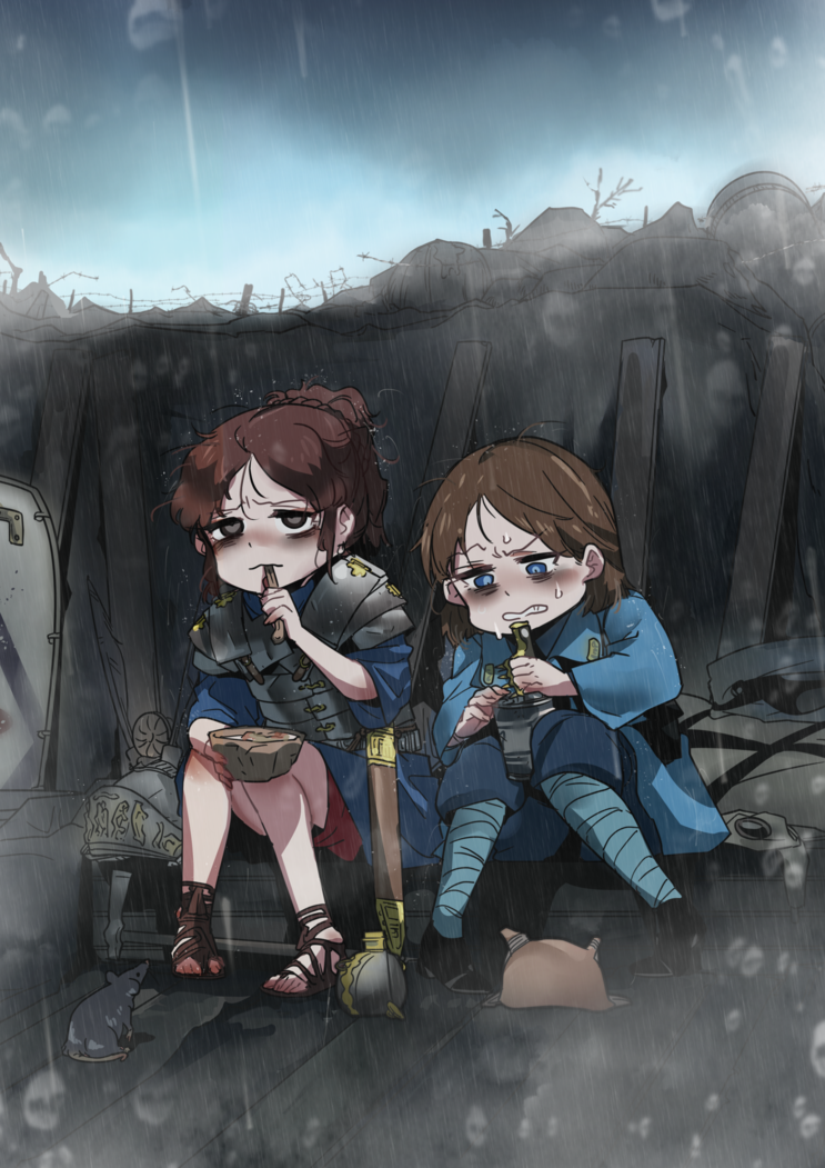 2girls ankle_boots armor bags_under_eyes barbed_wire bare_legs between_legs bitchcraft123 black_eyes blue_clothes blue_eyes boots bowl brass_knuckles brown_hair can canned_food commentary_request dagger eating elbow_on_knee eyebrow_twitching eyebrows_visible_through_hair food france frustrated gas_mask gladius greatcoat hair_bun headwear_removed helmet helmet_removed high_ponytail historical history holding holding_dagger holding_knife holding_weapon knife leaning_forward leg_wrap long_sleeves looking_at_viewer looking_down messy_hair military military_uniform mouse mud multiple_girls opening_can original pickaxe plank rain rations roman_empire sandals sheath sheathed sitting soup spoon_in_mouth stew trench trench_knife tunic uniform weapon world_war_i