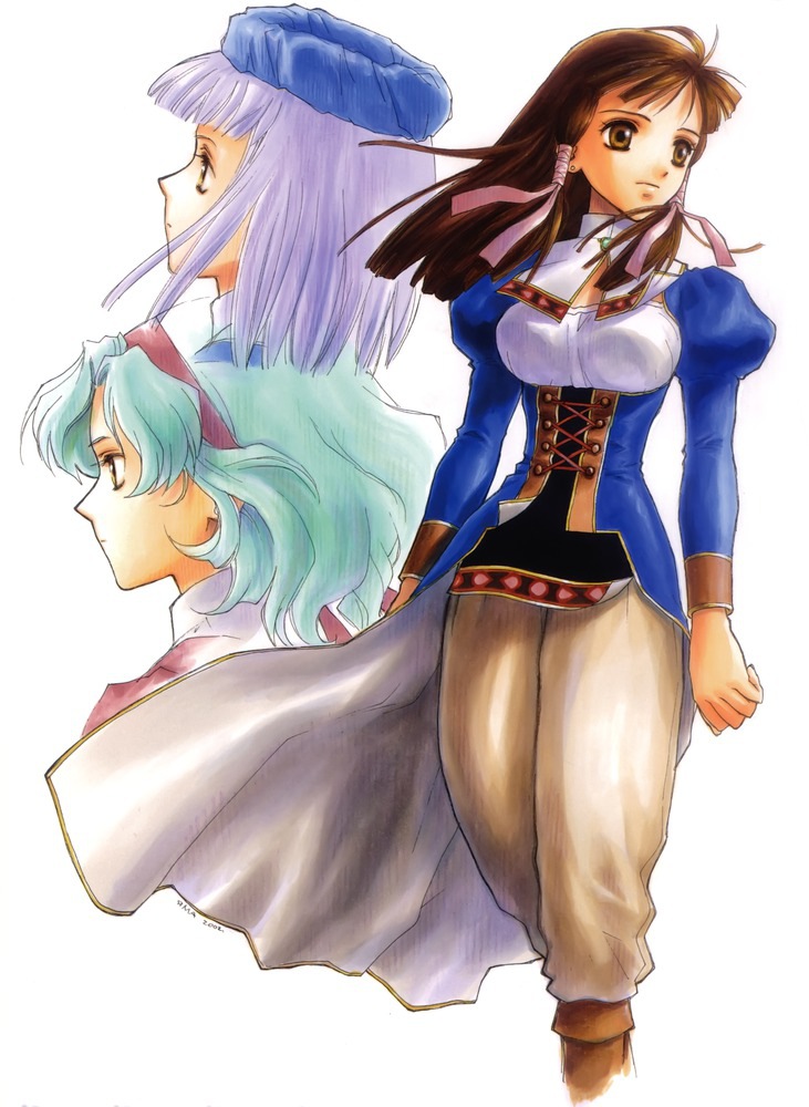 3girls aqua_hair atelier_(series) atelier_lilie blue_coat blue_hat brown_eyes brown_hair brown_pants closed_mouth cowboy_shot expressionless hair_tubes hairband hat hermina_(atelier) ingrid_(atelier) lilie_(atelier) long_hair looking_away multiple_girls official_art pants profile purple_hair red_hairband short_hair simple_background white_background yamagata_isaemon