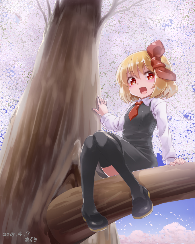 1girl araki_(qbthgry) artist_name black_legwear black_skirt black_vest blonde_hair blue_sky cherry_blossoms dated day eyebrows_visible_through_hair fang from_below hair_between_eyes hair_ribbon in_tree knees_together_feet_apart long_sleeves looking_at_viewer mary_janes necktie open_mouth outdoors red_eyes red_neckwear ribbon rumia shoes short_hair sitting skirt sky solo thigh-highs touhou tree vest