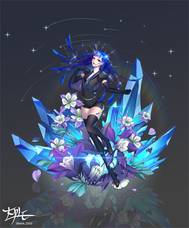 1other androgynous artist_request bangs black_neckwear black_shorts blue_eyes blue_hair blunt_bangs crystal_hair elbow_gloves gem gem_uniform_(houseki_no_kuni) gloves houseki_no_kuni lapis_lazuli_(houseki_no_kuni) long_hair short_sleeves shorts smile solo sparkle