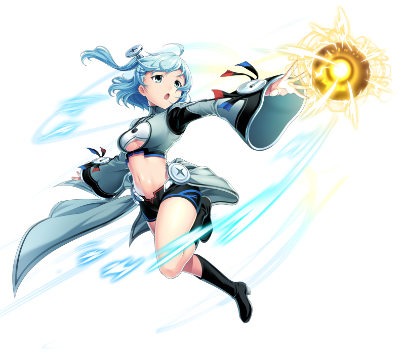 black_footwear black_shorts blue_eyes blue_hair breasts electricity full_body hakka_(88hk88) looking_to_the_side magneton medium_hair navel open_mouth outstretched_arms personification pokemon running screw short_shorts shorts small_breasts wide_sleeves