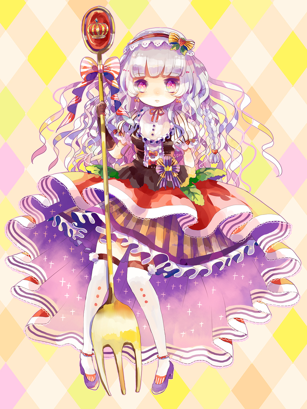 1girl anklet argyle argyle_background bangs black_gloves blue_hair bow braid choker commentary_request curly_hair dress earrings expressionless flower food_themed_earrings food_themed_hair_ornament fork frilled_skirt frills full_body gloves hair_bow hair_ornament hairband high_heels highres hiyuu_(hiyualice) holding holding_fork jewelry leaf lolita_hairband long_hair multicolored multicolored_clothes multicolored_dress original over-kneehighs oversized_object petticoat pocketland purple_footwear red_bow red_ribbon ribbon ribbon_choker short_sleeves side_braid skirt solo strawberry_earrings strawberry_hair_ornament striped striped_bow thigh-highs violet_eyes