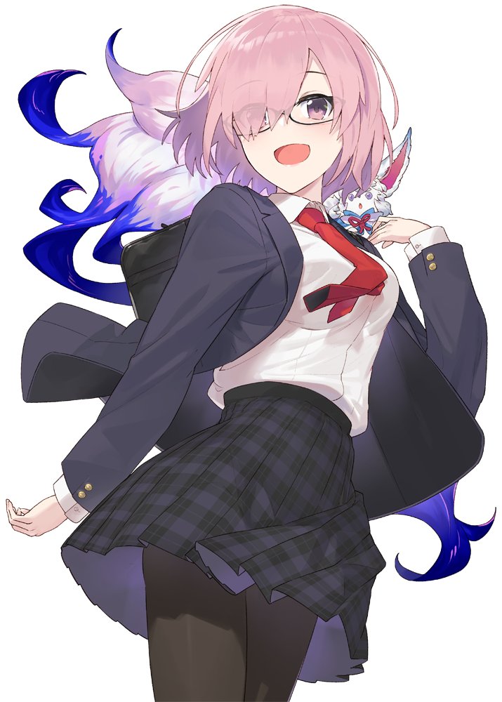 1girl :d :o bag black-framed_eyewear black_jacket black_legwear black_skirt blazer blush breasts collared_shirt cowboy_shot creature creature_on_shoulder duffel_bag eyebrows_visible_through_hair eyes_visible_through_hair fate/grand_order fate_(series) fou_(fate/grand_order) from_below glasses hair_over_one_eye hayashi_kewi jacket legs_together long_sleeves looking_at_viewer looking_down mash_kyrielight medium_breasts medium_skirt necktie open_clothes open_jacket open_mouth pantyhose pink_hair plaid plaid_skirt pleated_skirt red_neckwear school_bag school_uniform shiny shiny_hair shirt short_hair simple_background skirt smile solo standing violet_eyes white_background white_shirt wing_collar