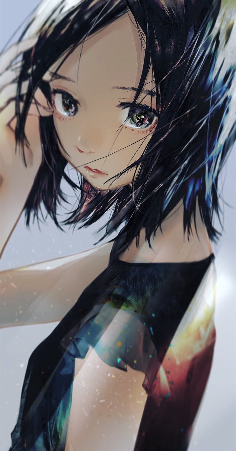 1girl bangs bent_elbow black_hair black_shirt breasts close-up closed_mouth colorful expressionless eyelashes eyeshadow fingernails frilled_sleeves frills from_side grey_background hair_tucking head_tilt highres light_rays lips lipstick looking_at_viewer makeup multicolored multicolored_eyes nose original osushimanchan parted_bangs rainbow_eyes red_lipstick shiny shiny_hair shirt short_hair sleeveless sleeveless_shirt small_breasts solo upper_body