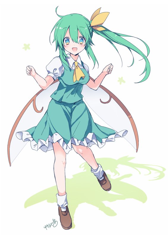 1girl :d ascot bent_elbows bent_knee breasts brown_footwear clenched_hands collared_shirt commentary_request daiyousei eyebrows_visible_through_hair fairy_wings frilled_skirt frills full_body green_eyes green_hair green_skirt green_vest hair_between_eyes hair_ribbon hands_up large_breasts looking_at_viewer loose_socks multicolored multicolored_eyes one_leg_raised open_mouth puffy_short_sleeves puffy_sleeves ribbon shadow shirt shoes short_sleeves side_ponytail sidelocks signature skirt smile solo standing standing_on_one_leg tareme touhou vest white_background white_legwear white_shirt wings yellow_eyes yellow_neckwear yellow_ribbon yukimiya_(parupunta)