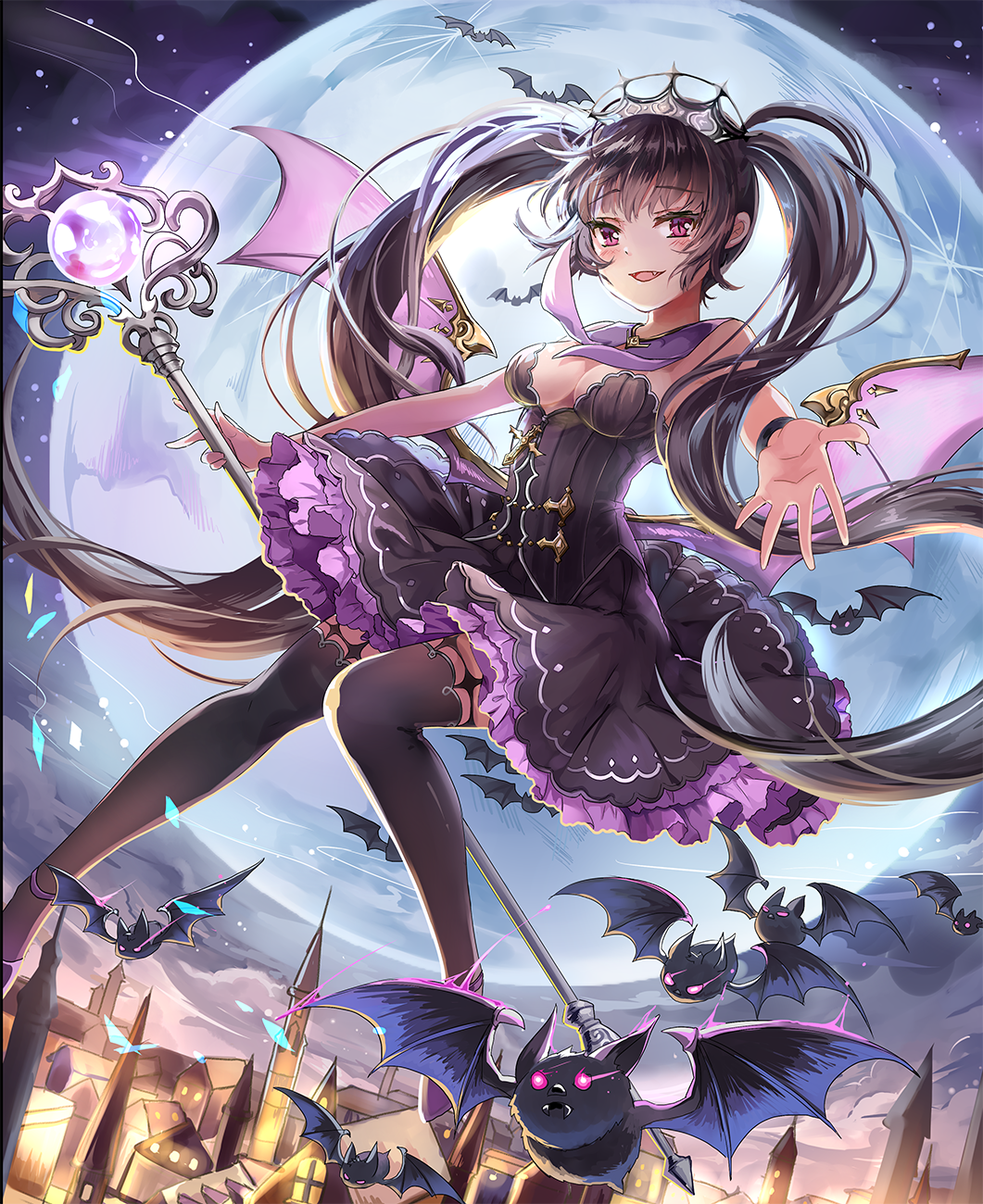 1girl :d bangs bat bat_wings black_dress black_hair black_legwear blush bracelet breasts copyright_request cross cross_necklace detached_collar dress eyebrows_visible_through_hair fang flying frilled_dress frills full_moon highres holding holding_staff issign jewelry long_hair looking_at_viewer moon necklace night official_art open_mouth outstretched_arm slit_pupils smile solo staff thigh-highs tiara twintails very_long_hair violet_eyes wings
