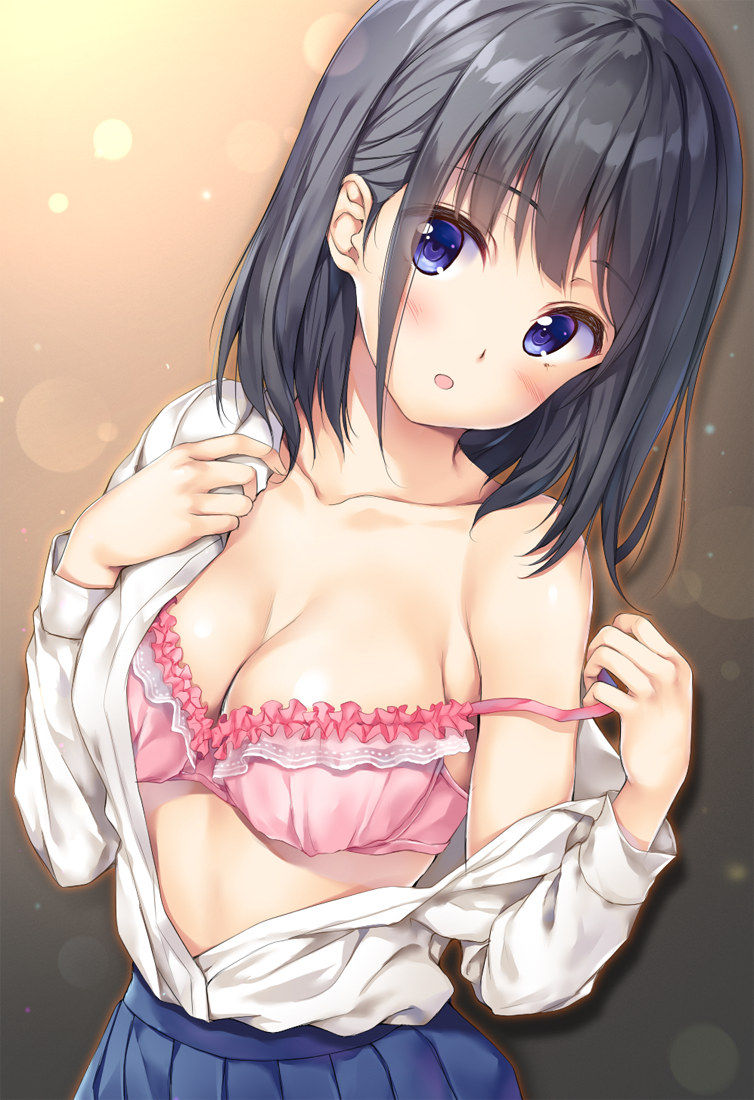 :o bangs black_hair blue_skirt blunt_bangs bra bra_pull breasts cleavage collarbone eyebrows_visible_through_hair frilled_bra frills hand_on_own_chest lens_flare long_sleeves looking_at_viewer medium_breasts off_shoulder open_clothes open_mouth open_shirt original pasdar pink_bra pleated_skirt pulled_by_self shiny shiny_hair shiny_skin shirt short_hair single_bare_shoulder skirt tareme underwear undressing white_shirt