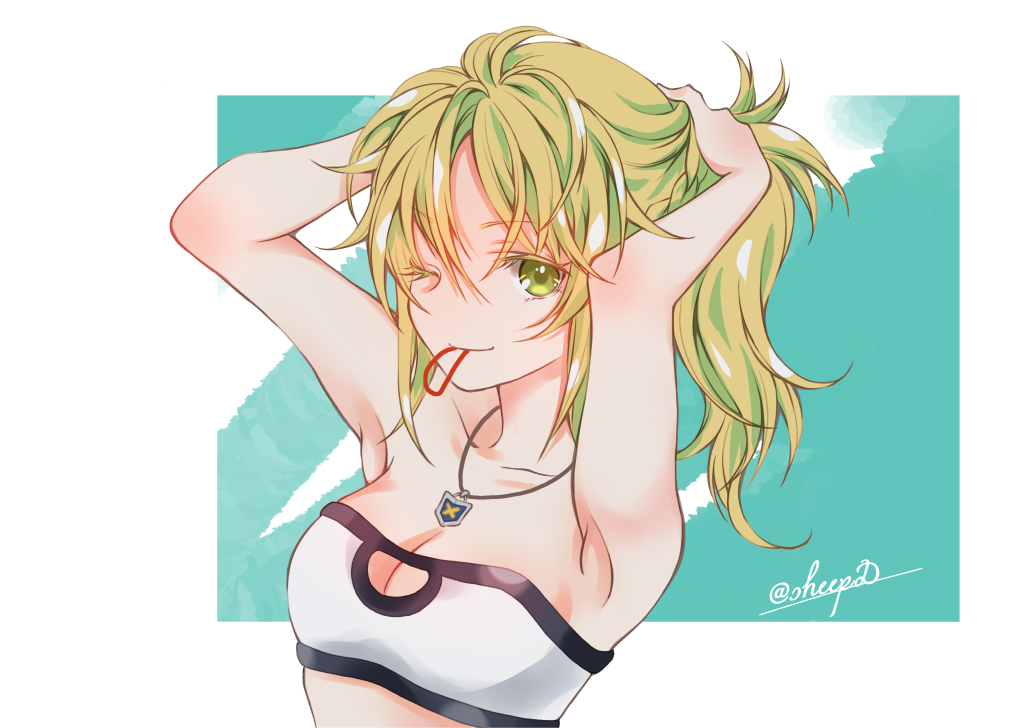 1girl ;) armpits bandeau bangs bare_arms bare_shoulders blonde_hair braid breasts bunching_hair cleavage closed_mouth collarbone eyebrows_visible_through_hair fate/apocrypha fate/grand_order fate_(series) green_eyes hair_between_eyes hair_tie hair_tie_in_mouth jewelry medium_breasts mordred_(fate) mordred_(fate)_(all) mouth_hold one_eye_closed pendant sheepd smile solo twitter_username white_bandeau