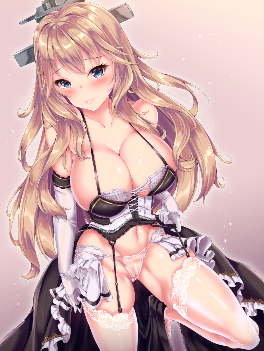 1girl abyss_horizon bangs black_skirt blonde_hair blue_eyes blush breasts cleavage collarbone corset cross-laced_clothes elbow_gloves eyebrows_visible_through_hair fukuda_shuushi garter_belt garter_straps gloves highres hips lace lace-trimmed_thighhighs large_breasts leg_up long_hair looking_at_viewer navel panties skirt smile solo strap_pull thigh-highs thighs underwear waist warspite_(abyss_horizon) white_gloves white_legwear