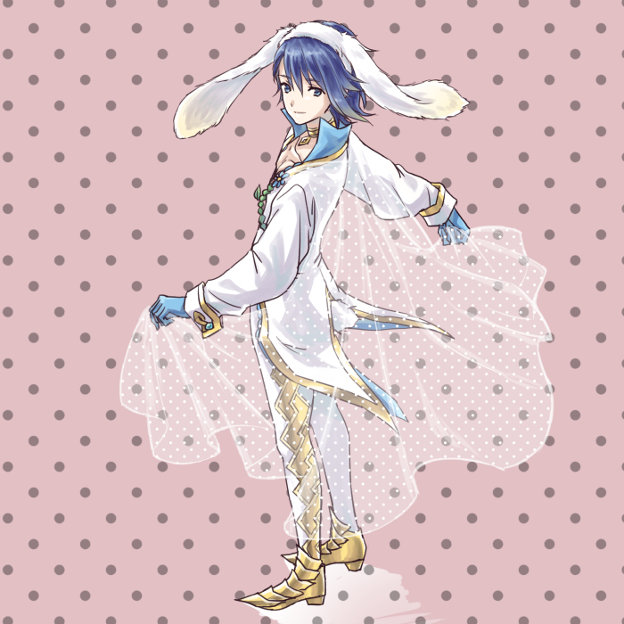 1boy alfonse_(fire_emblem) animal_ears back blonde_hair blue_eyes blue_hair boots bunny_tail fire_emblem fire_emblem_heroes flower gloves male_focus multicolored_hair rabbit_ears solo tail two-tone_hair yoneko