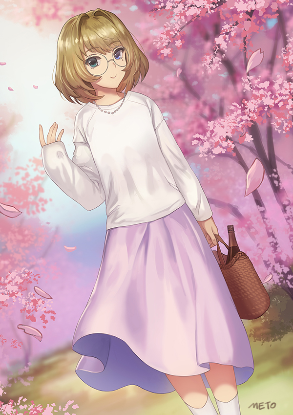 1girl artist_name bangs blue_eyes blurry blurry_background blush bottle brown_hair cherry_blossoms closed_mouth depth_of_field dutch_angle feet_out_of_frame glasses grass green_eyes hanami hand_up heterochromia holding_bag idolmaster idolmaster_cinderella_girls jewelry kneehighs long_skirt long_sleeves looking_at_viewer meto31 mole mole_under_eye necklace round_eyewear shiny shiny_hair shirt skirt sleeves_past_wrists smile solo spring_(season) takagaki_kaede tree tsurime white_legwear white_shirt