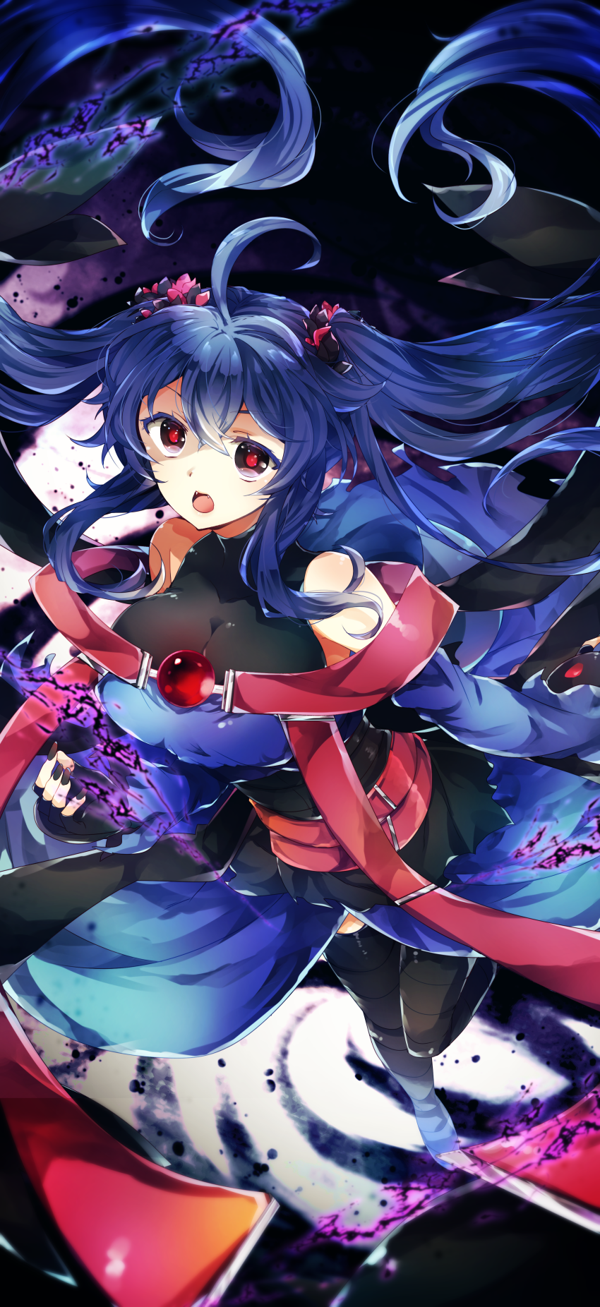 1girl :o ahoge akatsuki_yakyou bad_perspective black_eyes black_legwear black_nails blue_hair breasts cleavage fangs hair_between_eyes highres hydreigon long_hair looking_at_viewer nail_polish personification pokemon red_pupils sidelocks solo standing thigh-highs twintails very_long_hair