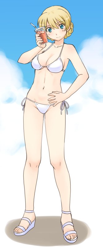 1girl bangs bikini bikini_day blonde_hair blue_eyes braid breasts cleavage closed_mouth clouds cloudy_sky collarbone commentary_request cup darjeeling day drinking_straw eyebrows_visible_through_hair full_body girls_und_panzer hand_on_hip head_tilt holding looking_at_viewer medium_breasts navel outdoors sandals shadow short_hair side-tie_bikini sky smile solo standing swimsuit tied_hair twin_braids uona_telepin white_bikini white_footwear