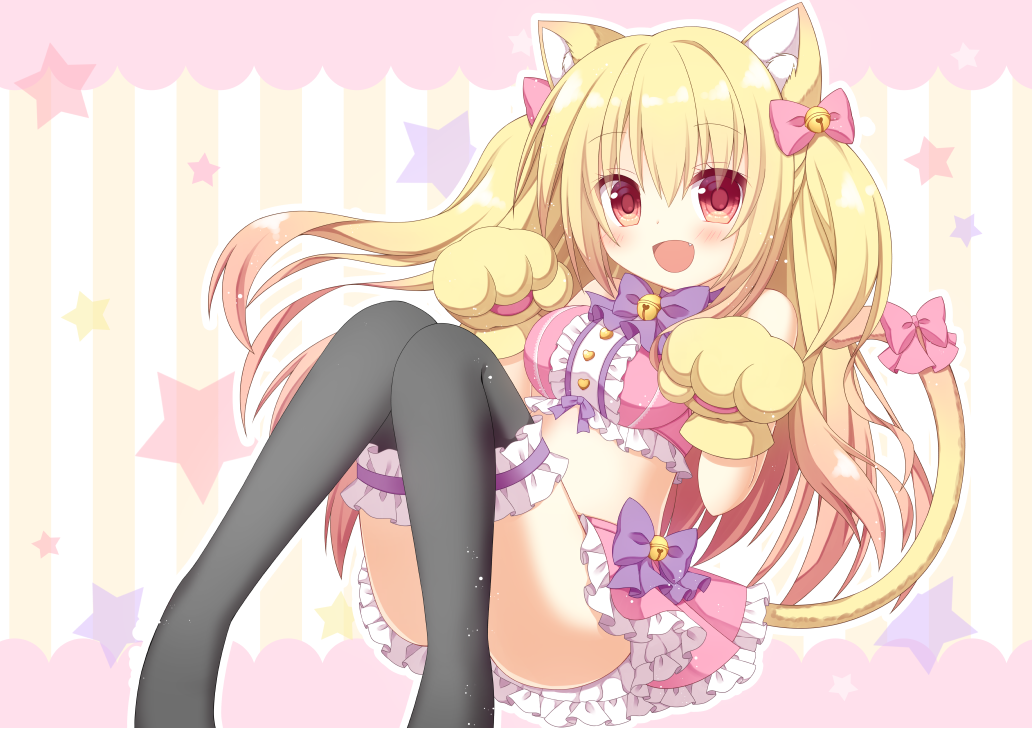 1girl :d animal_ears bangs bare_shoulders bell black_legwear blush bow breasts brown_hair cat_ears cat_girl cat_tail choker commentary_request convenient_leg crop_top eyebrows_visible_through_hair fang frilled_legwear frilled_shirt frilled_skirt frills gloves gradient_hair hair_between_eyes hair_bow hands_up himetsuki_luna jingle_bell long_hair medium_breasts midriff multicolored_hair open_mouth original paw_gloves paws pink_bow pink_shirt pink_skirt pleated_skirt purple_bow purple_choker red_eyes shirt skirt smile solo star striped striped_background tail tail_bow thigh-highs two_side_up vertical-striped_background vertical_stripes very_long_hair