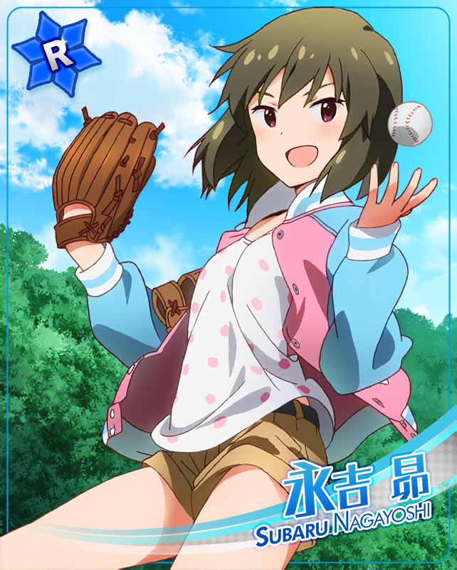 baseball blush green_hair idolmaster idolmaster_million_live! idolmaster_million_live!_theater_days jacket red_eyes short_hair smile