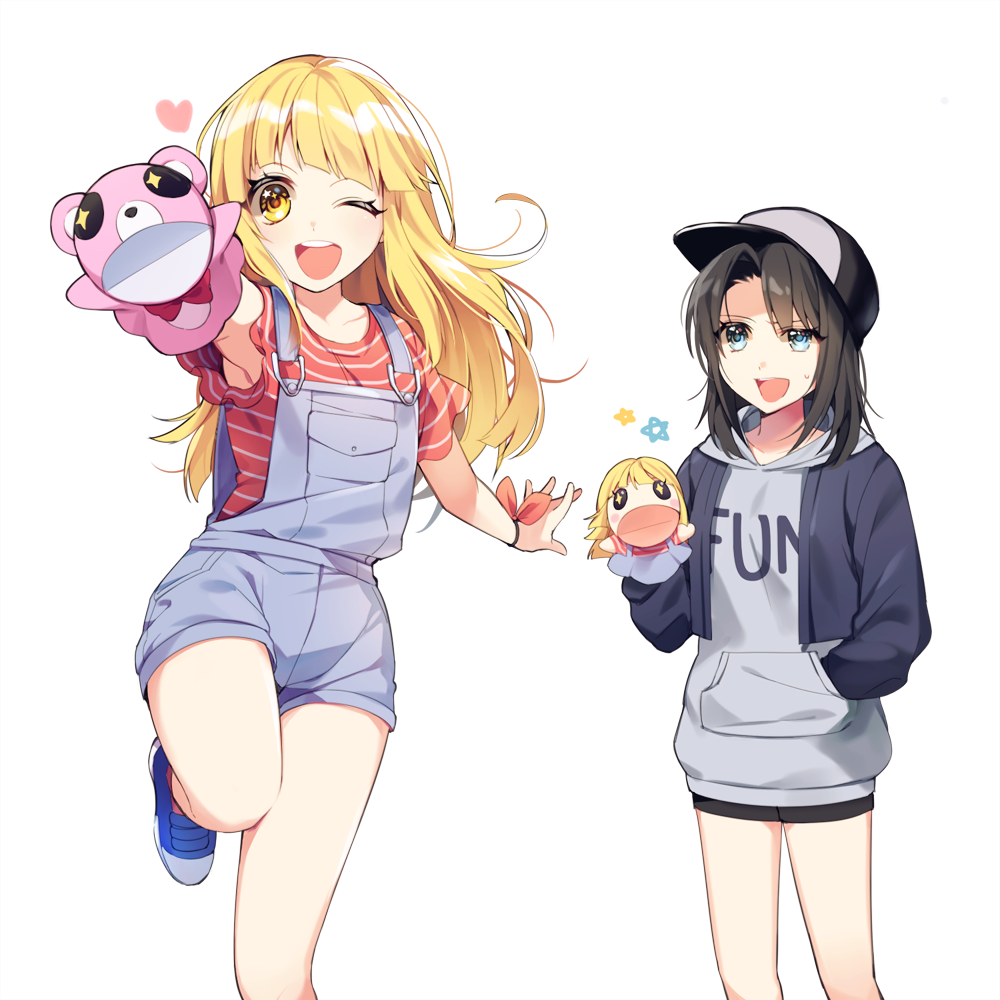 +_+ 2girls ;d bang_dream! bangs baseball_cap black_hair black_shorts blonde_hair blue_eyes blue_footwear character_doll clothes_writing grey_hoodie hand_in_pocket hand_puppet hat heart hood hood_down looking_at_another looking_at_viewer michelle_(bang_dream!) minori_(faddy) multiple_girls navy_blue_jacket okusawa_misaki one_eye_closed open_mouth overall_shorts overalls puppet red_ribbon red_shirt ribbon shirt shoes short_sleeves shorts simple_background smile standing standing_on_one_leg striped striped_shirt sweatdrop tsurumaki_kokoro white_background wrist_ribbon yellow_eyes