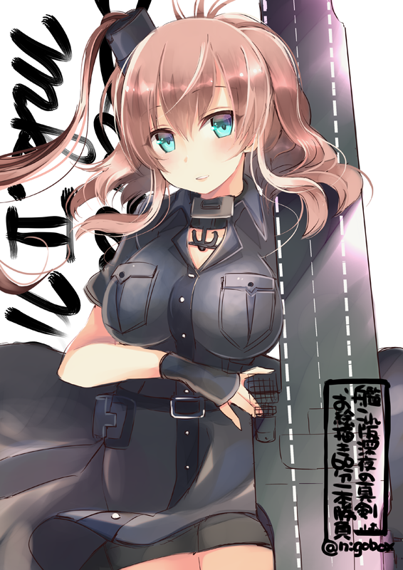 1girl black_blouse black_dress blouse blue_eyes breast_pocket breasts collared_blouse dress fingerless_gloves flight_deck gloves kantai_collection large_breasts long_hair nigo pocket ponytail remodel_(kantai_collection) rigging saratoga_(kantai_collection) short_sleeves side_ponytail simple_background smokestack_hair_ornament solo translation_request upper_body white_background